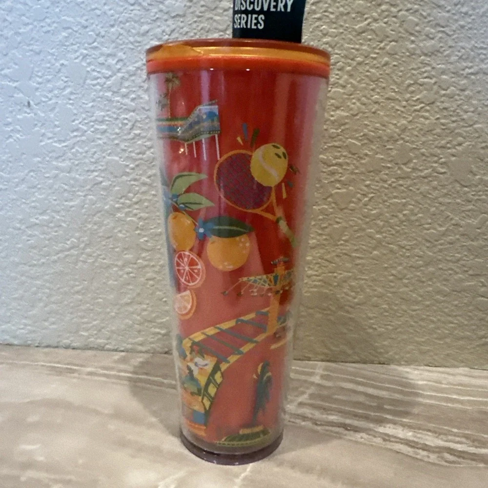 New STARBUCKS Orlando Discovery Series 24oz Tumbler Orange Lid Green Straw READ